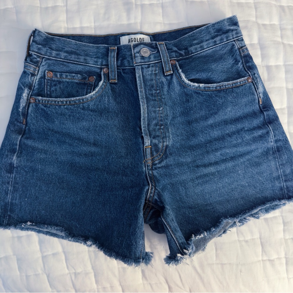 Agolde Parker Long Shorts Dark Blue Cutoff Fray Hem Caution sz 24